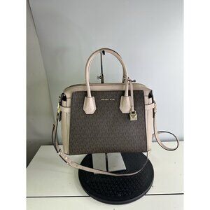 Michael Kors Mercer Medium Duffel Satchel Light Pink Stripe Leather Bag